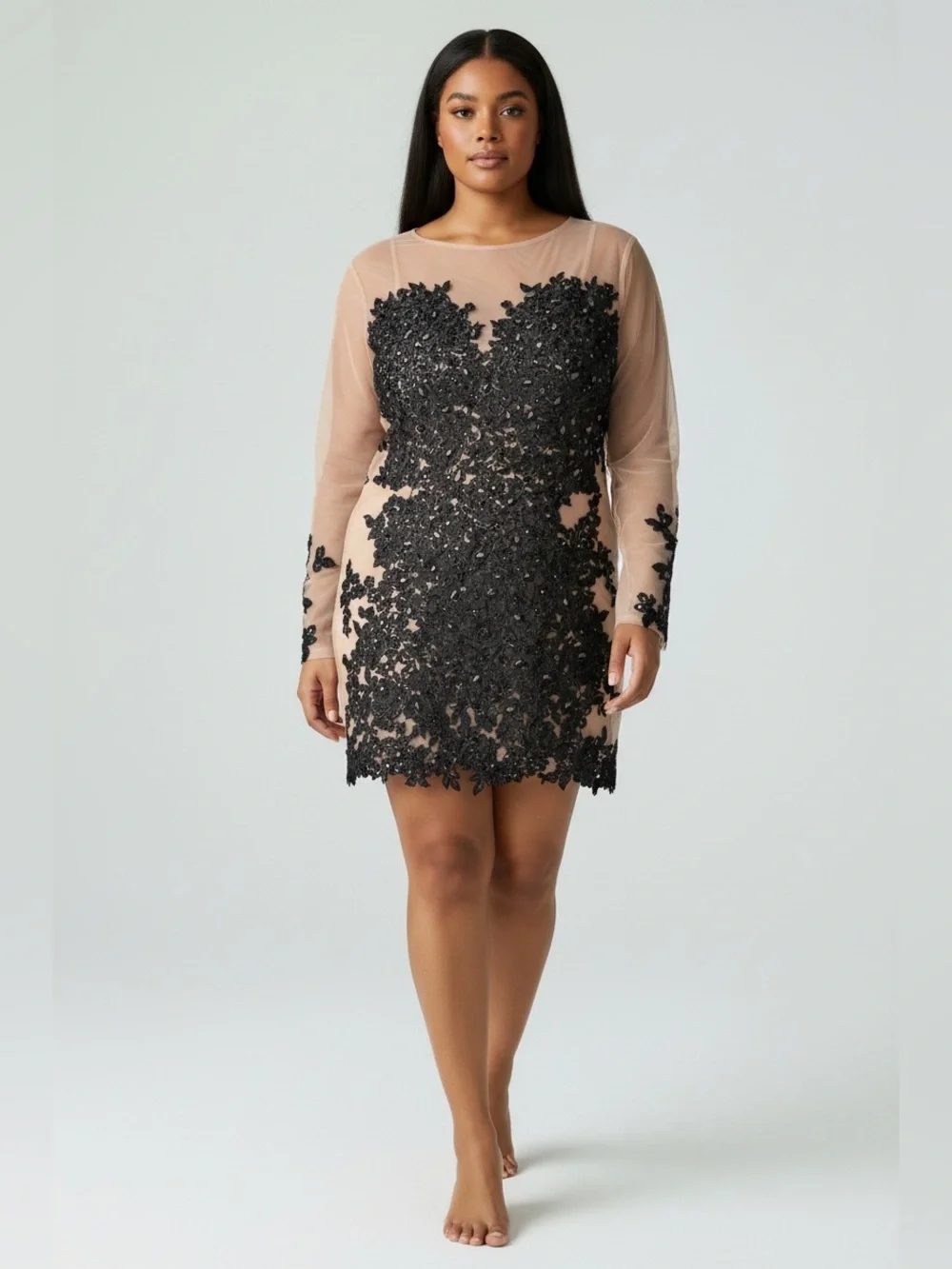 Sheer Nude Long-Sleeve Dress with Black Lace Appliqué